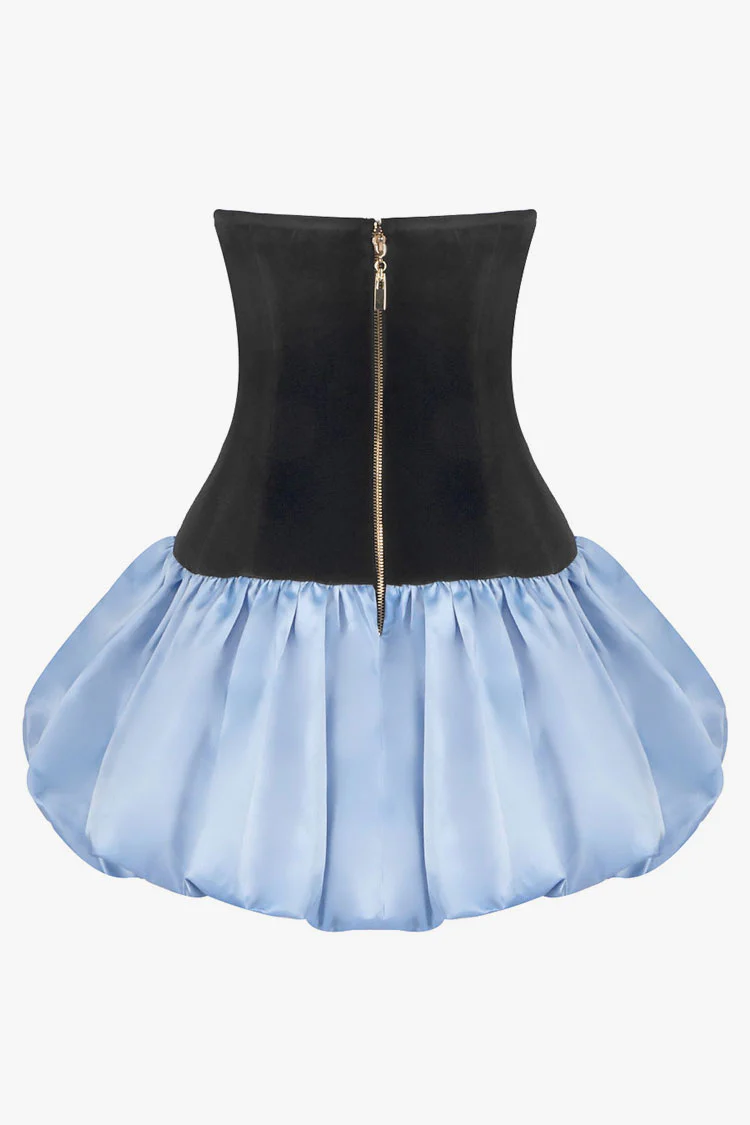 Glossy Bow Plunge Bandeau Velvet Satin Bubble Mini Party Dress