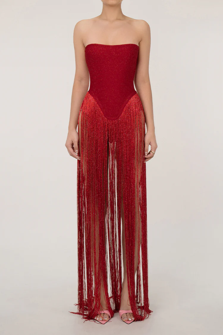 Sparkly Lurex Strapless Drop Waist Bandage Bodysuit Fringe Mini Dress