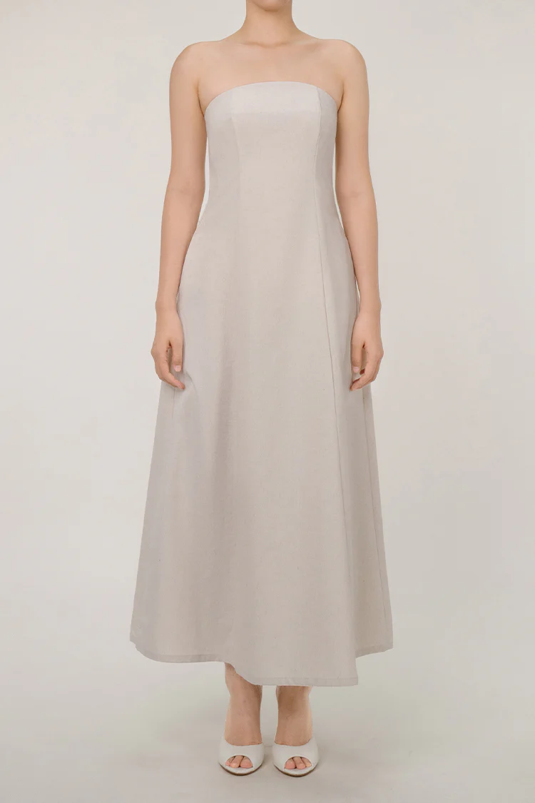 Quiet Luxury Strapless Smocked Pocketed Linen Blend Vacation Maxi Dress