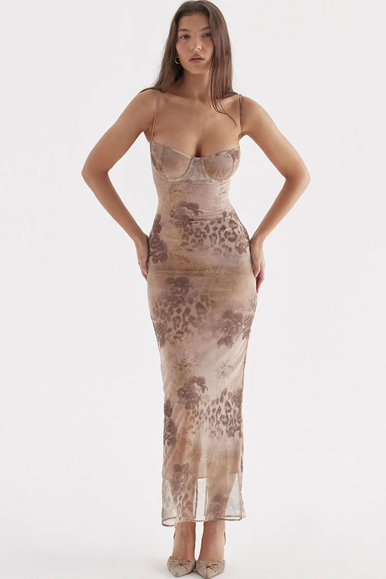 Vintage Sweetheart Lace Up Back Printed Mesh Slip Maxi Dress - Floral
