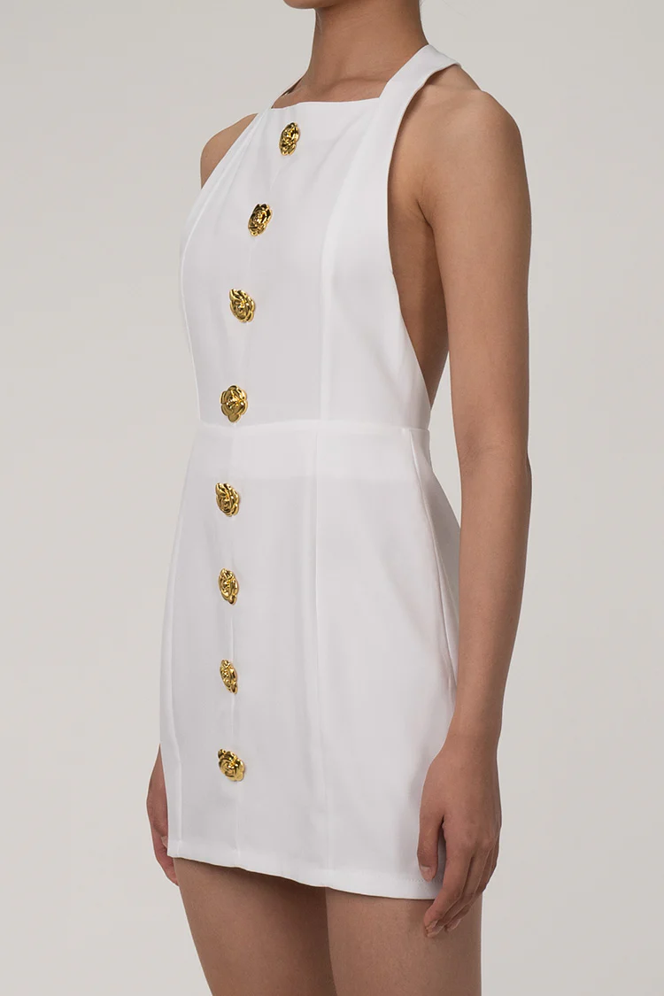 Sexy Metallic Rose Button T Back Sleeveless Twill Sheath Party Mini Dress