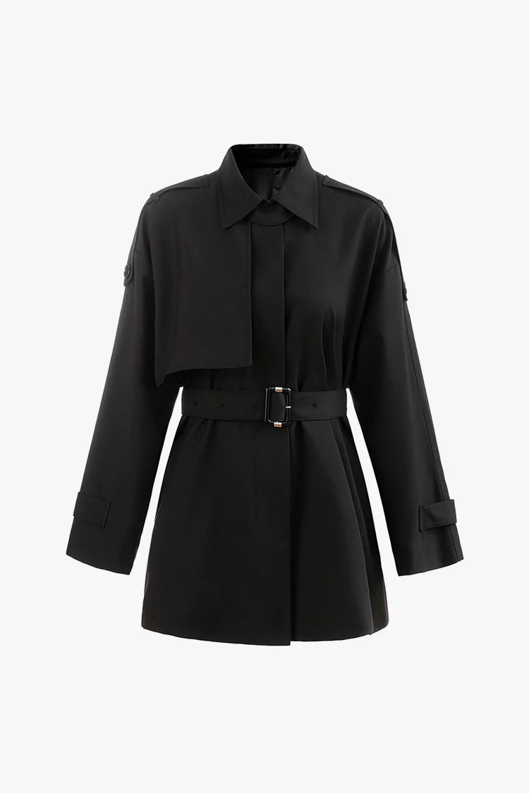 Modern Collared Drop Shoulder Cinched Waist Belted Short Trench Coat