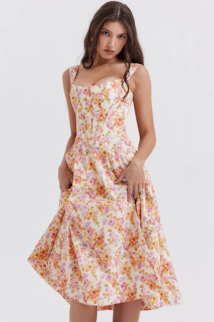 Sexy Floral Printed Lace Up Back High Split Corset Mini Sundress - Orange