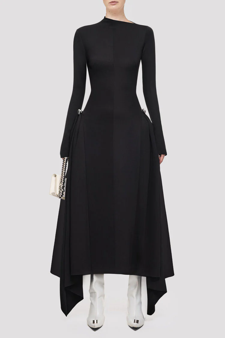 Asymmetrical High Neck Long Sleeve Metallic Draped Evening Maxi Dress