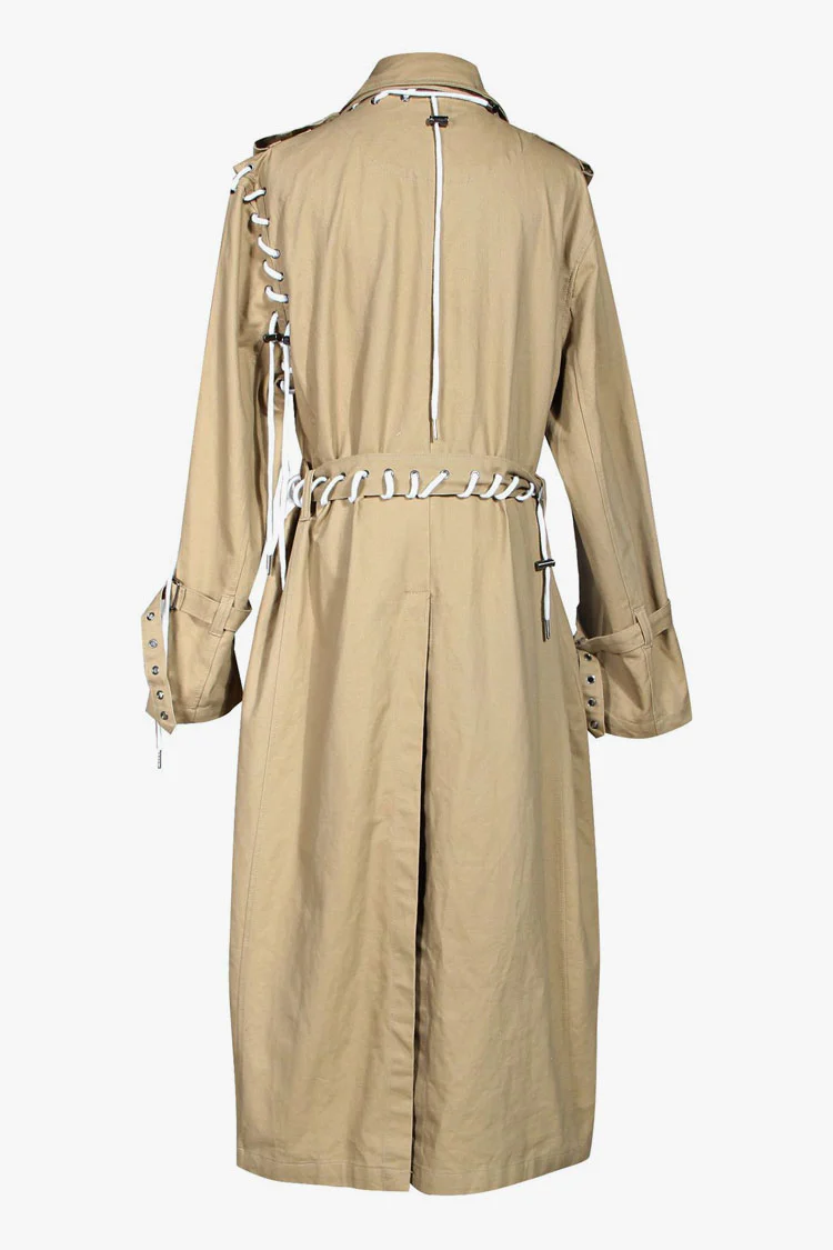 Distinctive Collared Epaulette Lace Up Double Breasted Belted Trench Coat