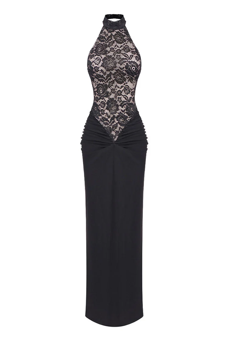 Feminie Halter Lace Panel Drop Waist Ruched Backless Evening Maxi Dress