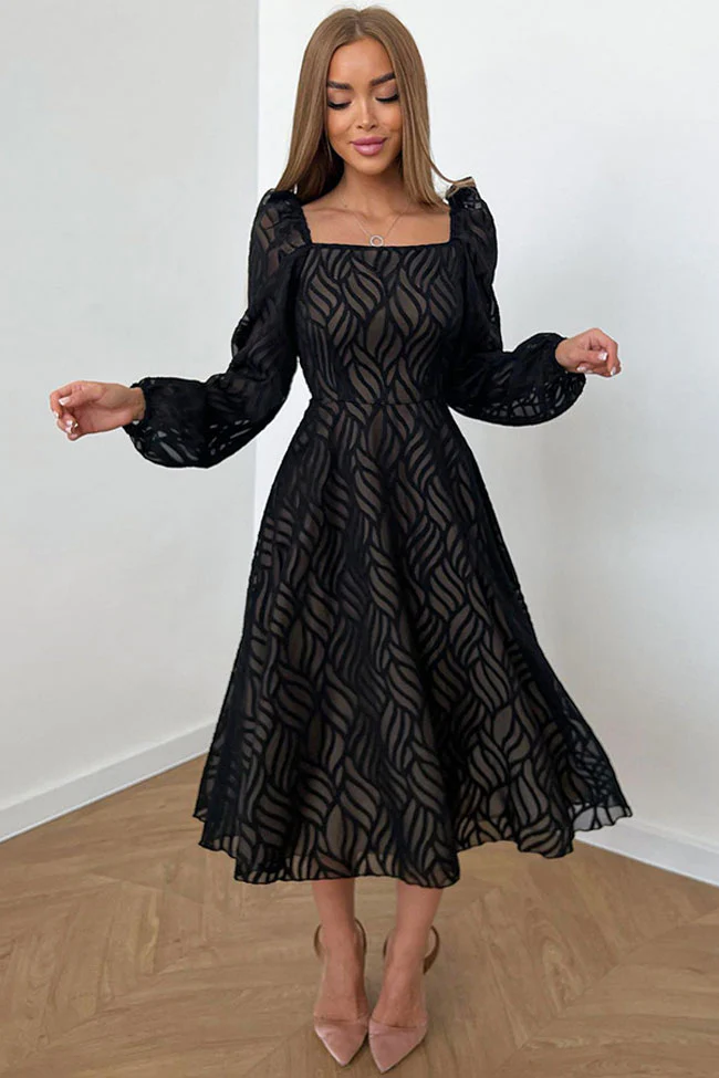 Romantic Square Neck Puff Sleeve Jacquard Chiffon Midi Dress - Black