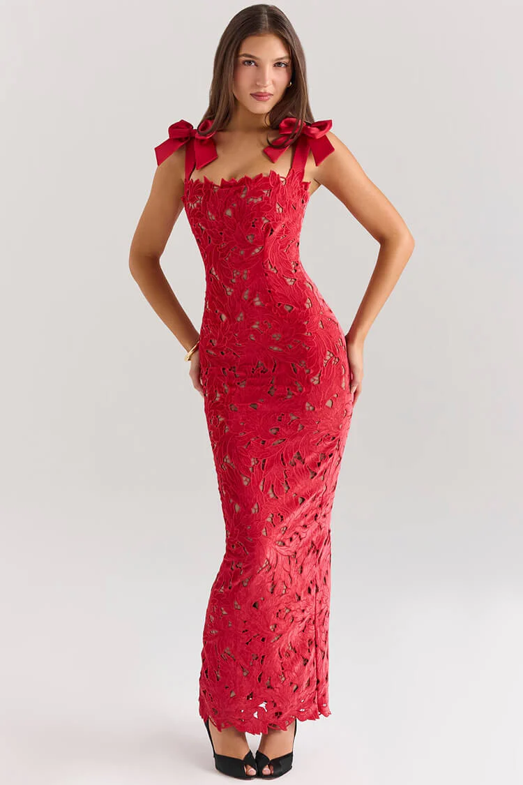Silky Satin Bow Trim Sleeveless Bodycon Guipure Lace Evening Maxi Dress