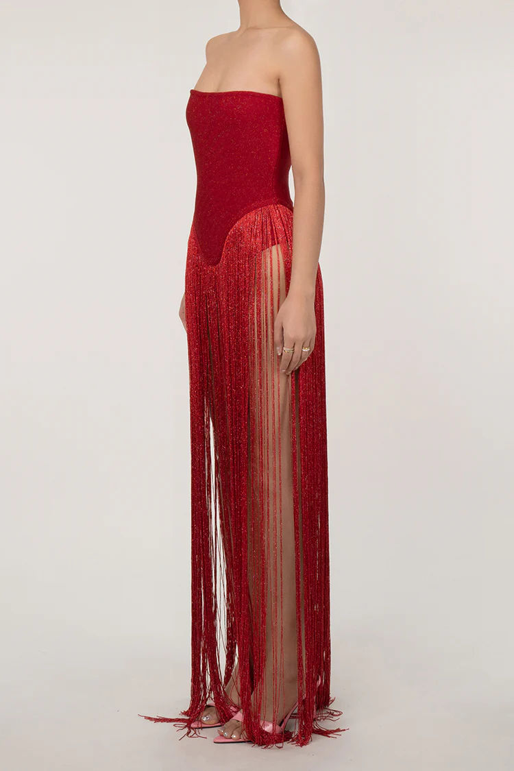 Sparkly Lurex Strapless Drop Waist Bandage Bodysuit Fringe Mini Dress