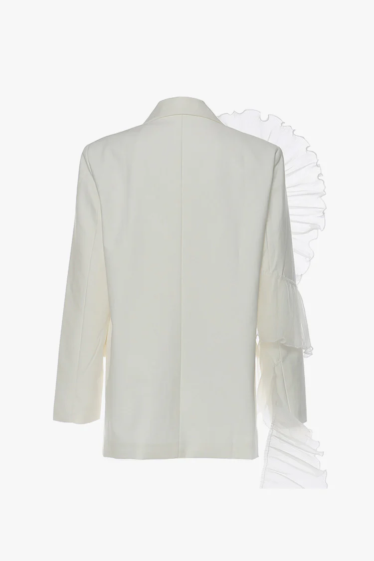 Asymmetric Tulle Ruffle Lapel Shoulder Pad Single Breasted Oversized Blazer