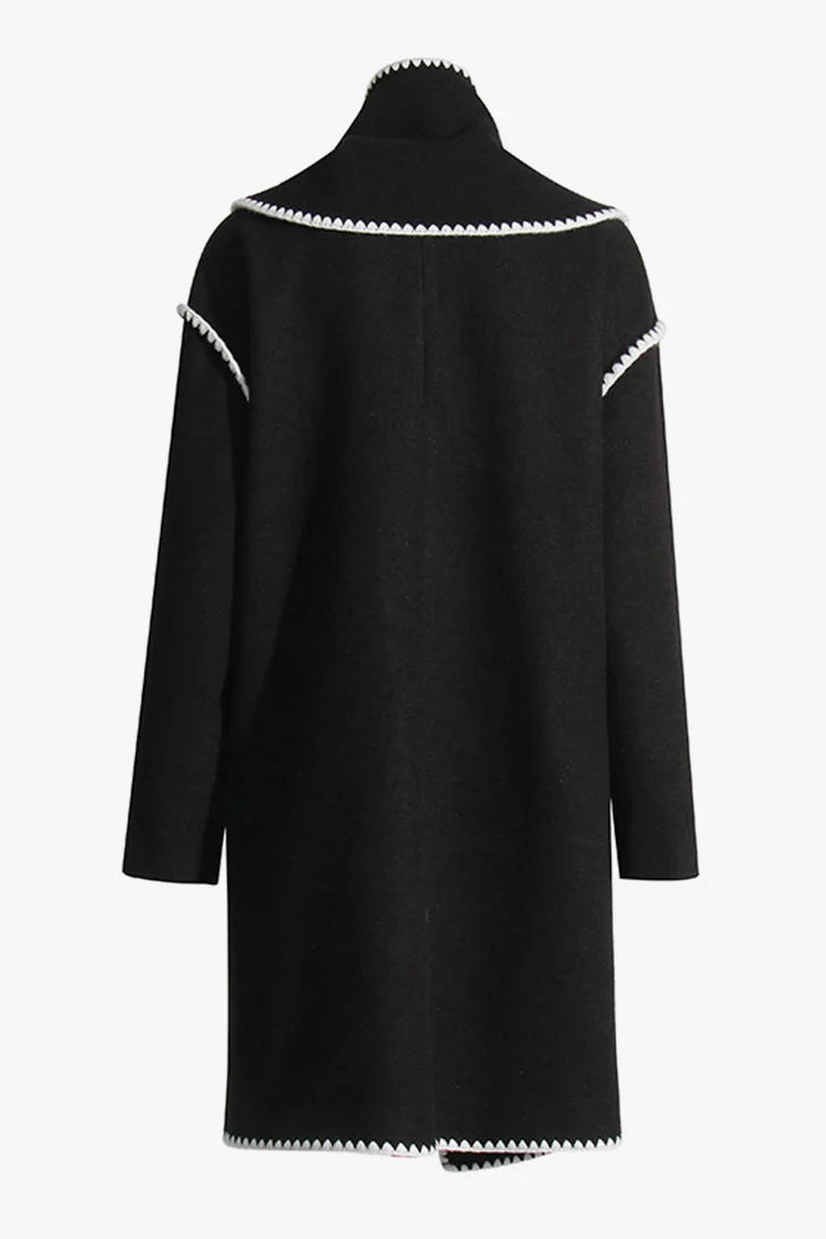 Contrast Embroidered Wrap Scarf Wool Blend Button Up Oversized Overcoat