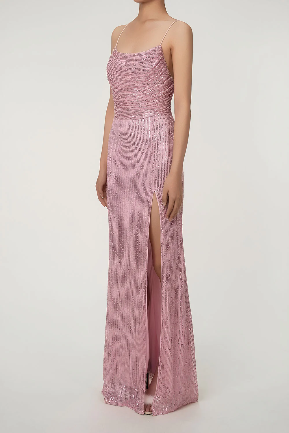Sparkly Cowl Neck Lace Up Back High Slit Sequin Prom Maxi Dress - Pink