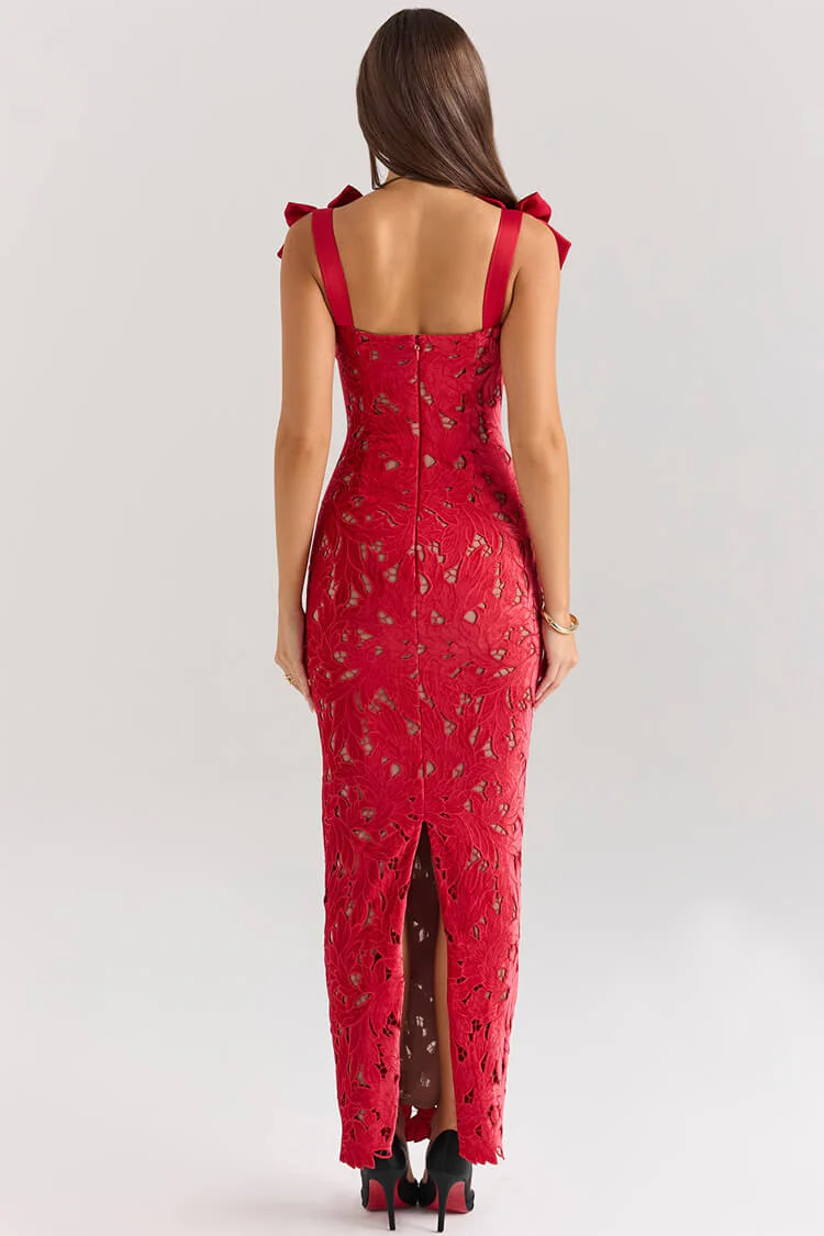 Silky Satin Bow Trim Sleeveless Bodycon Guipure Lace Evening Maxi Dress