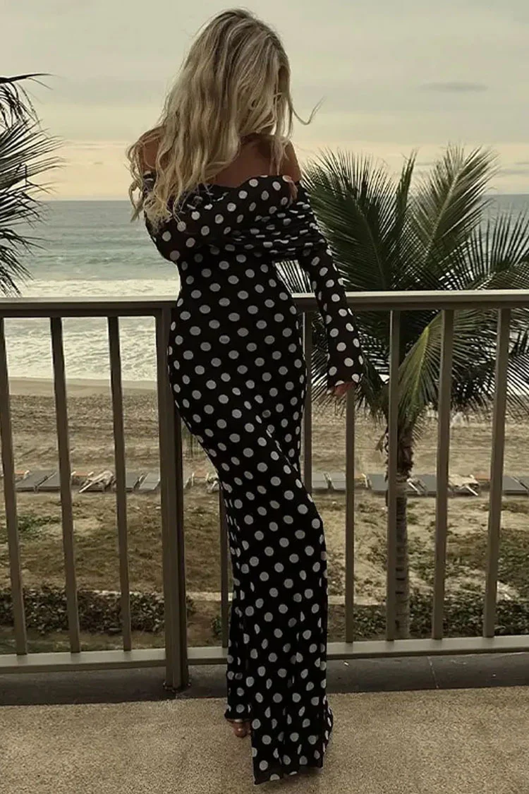 Retro Polka Dot Mesh Foldover Off Shoulder Long Sleeve Formal Maxi Dress