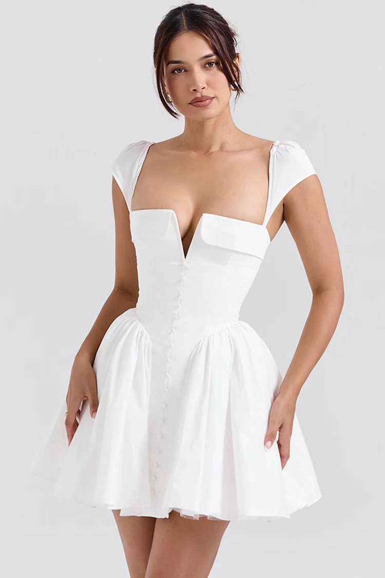 Vintage Folded V Neck Cap Sleeve Drop Waist Tulle Flared Party Mini Dress
