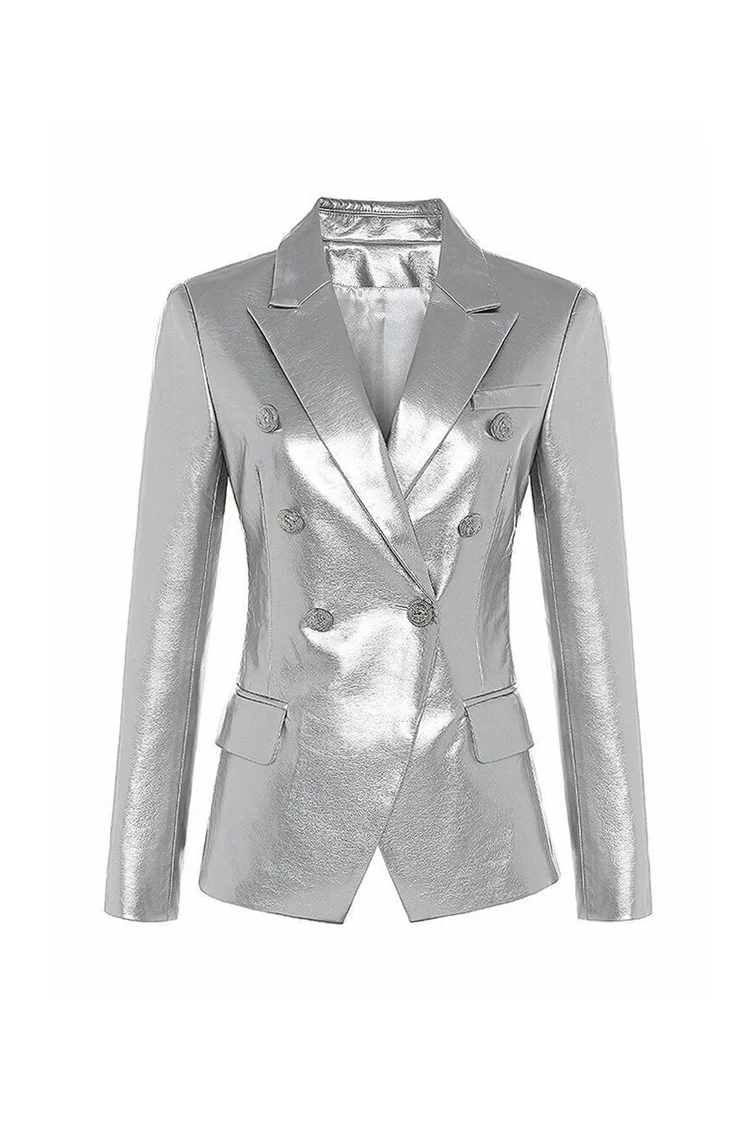 Chic Lapel Collar Long Sleeve Double Breasted Tailored Faux Leather Blazer