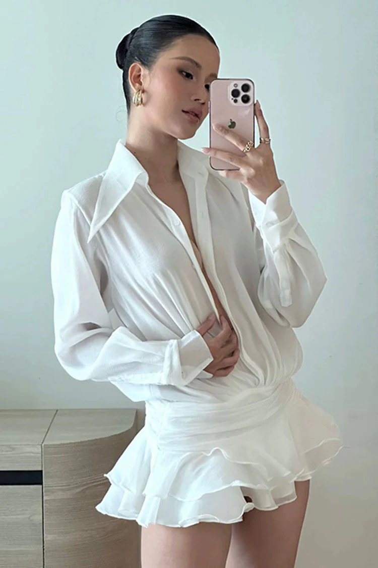 Luxury Crinkled Button Up Ruched Drop Waist Tiered Ruffle Mini Shirt Dress