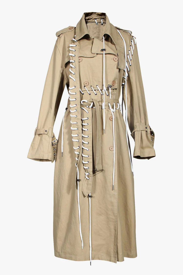Distinctive Collared Epaulette Lace Up Double Breasted Belted Trench Coat