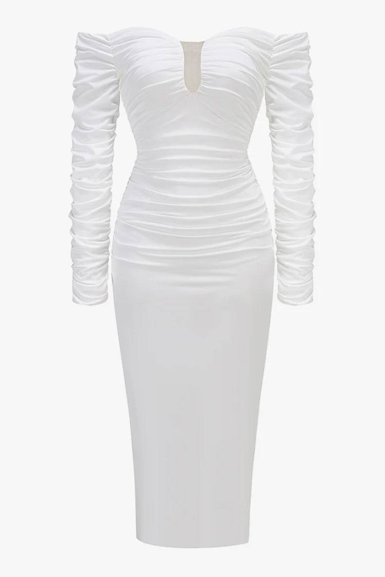 Sexy Off Shoulder Plunge Neck Long Sleeve Ruched Cocktail Midi Dress
