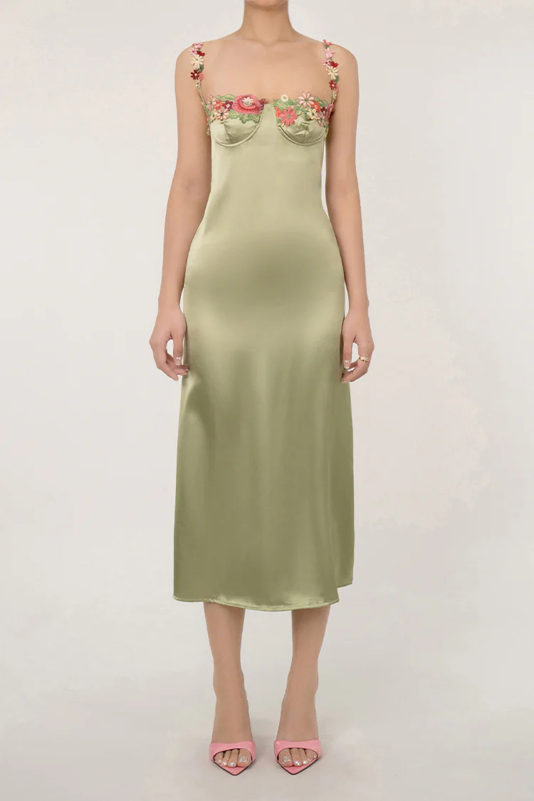 Silky Satin Floral Embroidered Bustier Spaghetti Strap Slip Midi Sundress