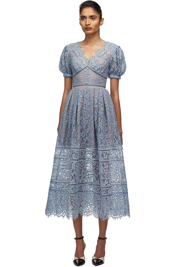 Eyelash V Neck Puff Sleeve French Lace A-Line Midi Dress - Sky Blue