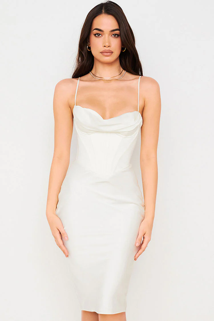 Silky Cowl Neck Corset Satin Midi Cocktail Dress - White