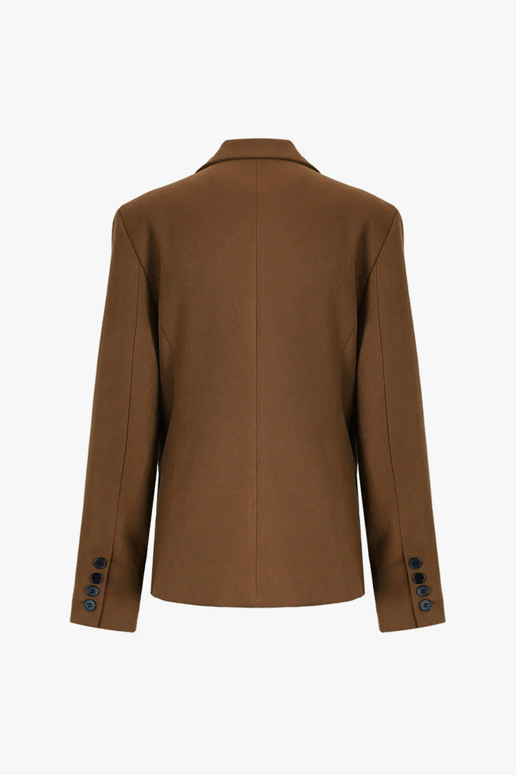 Asymmetric Button Up Notched Lapel Shoulder Pad Pleated Tailored Blazer