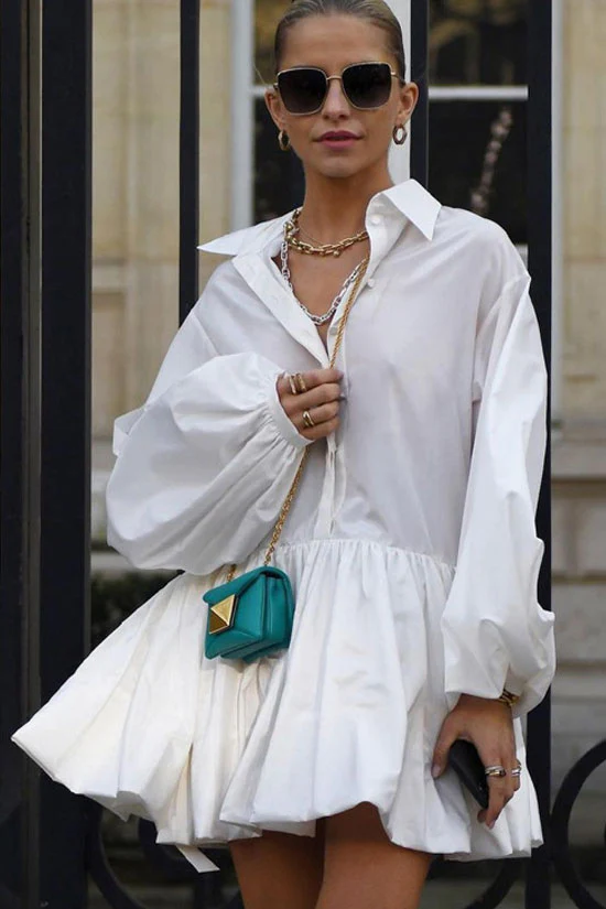 Trendy Balloon Sleeve Drop Waist Gathered Bubble Summer Mini Shirt Dress