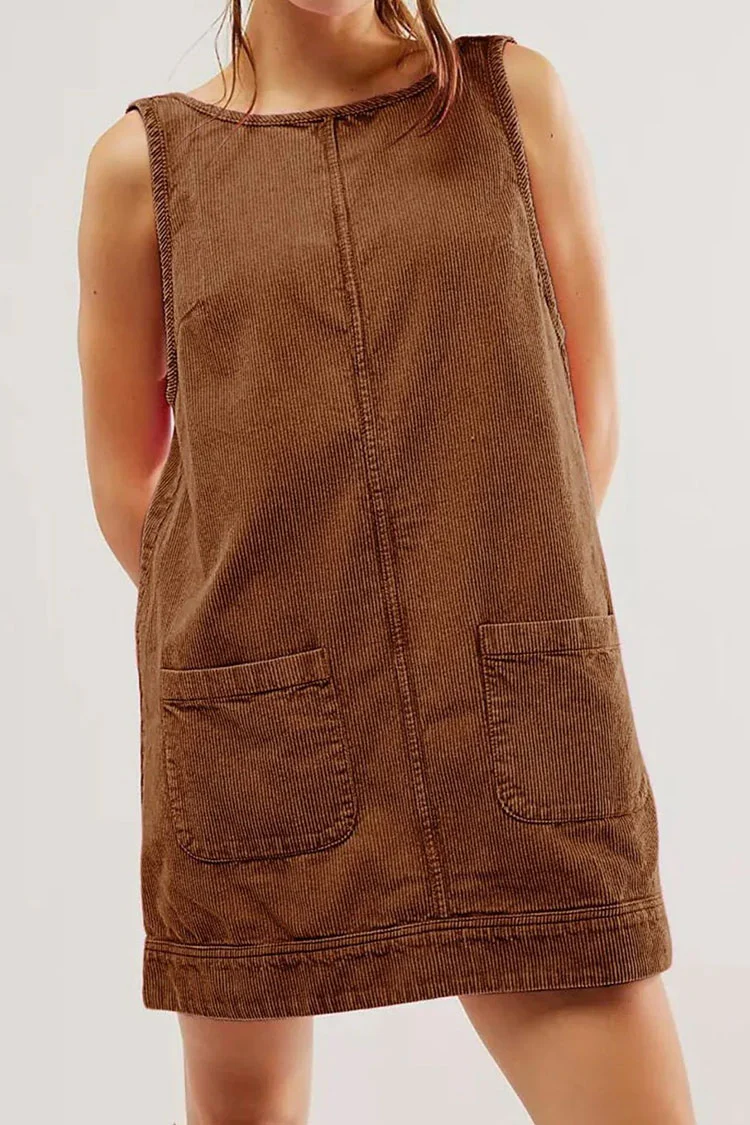 Chic Round Neck Scoop Back Hanky Pocket Corduroy Summer Mini Sundress