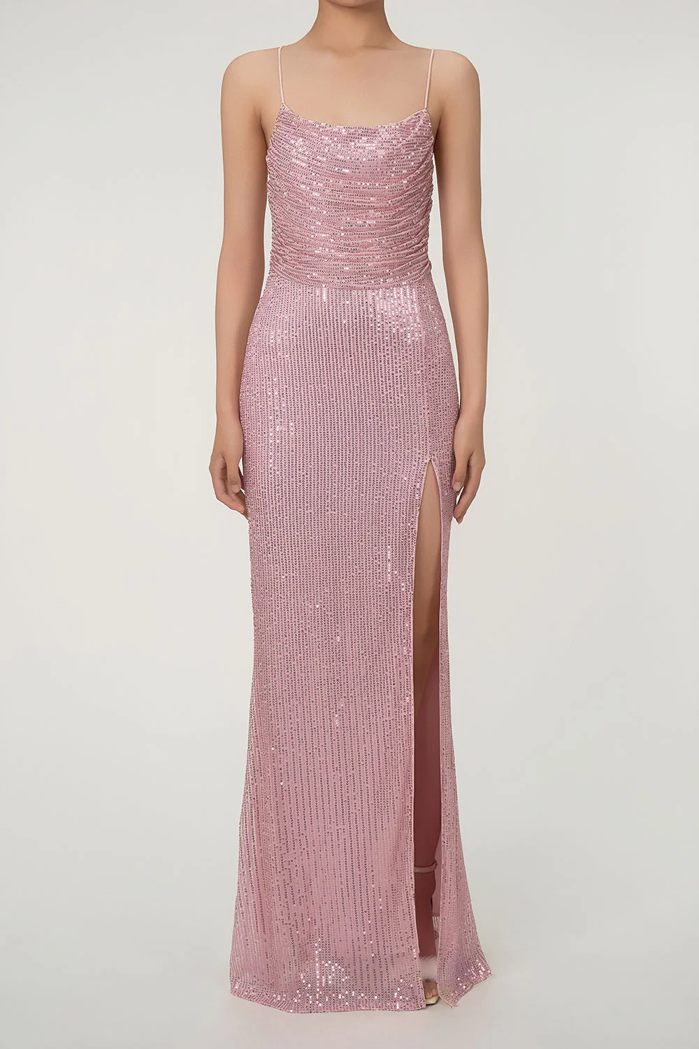 Sparkly Cowl Neck Lace Up Back High Slit Sequin Prom Maxi Dress - Pink