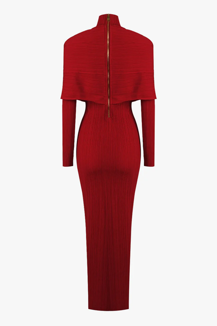 Elegant High Neck Wrapped Long Sleeve Ribbed Bandage Evening Maxi Dress