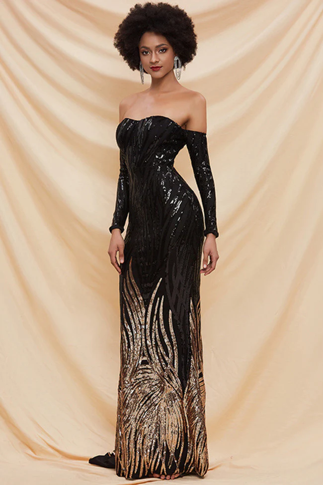 Fancy Sequin Slit Long Sleeve Off Shoulder Maxi Evening Dress - Black