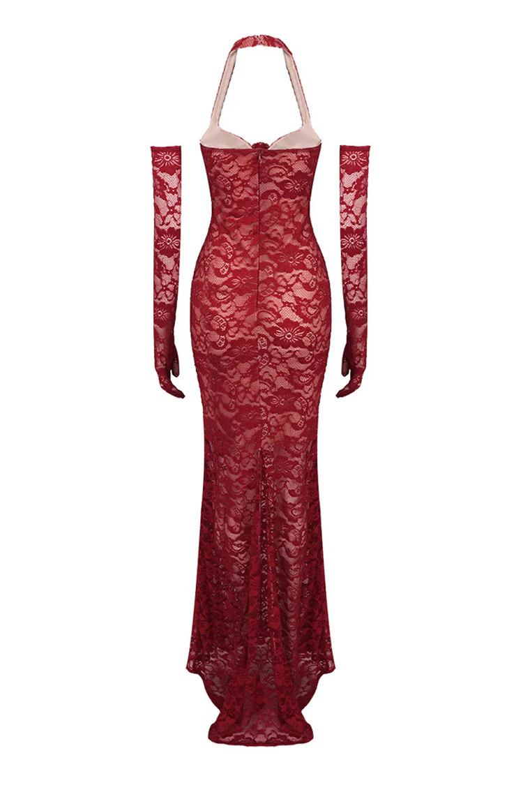 Vintage Rosette Halter Opera Glove Floral Lace Fishtail Evening Maxi Dress