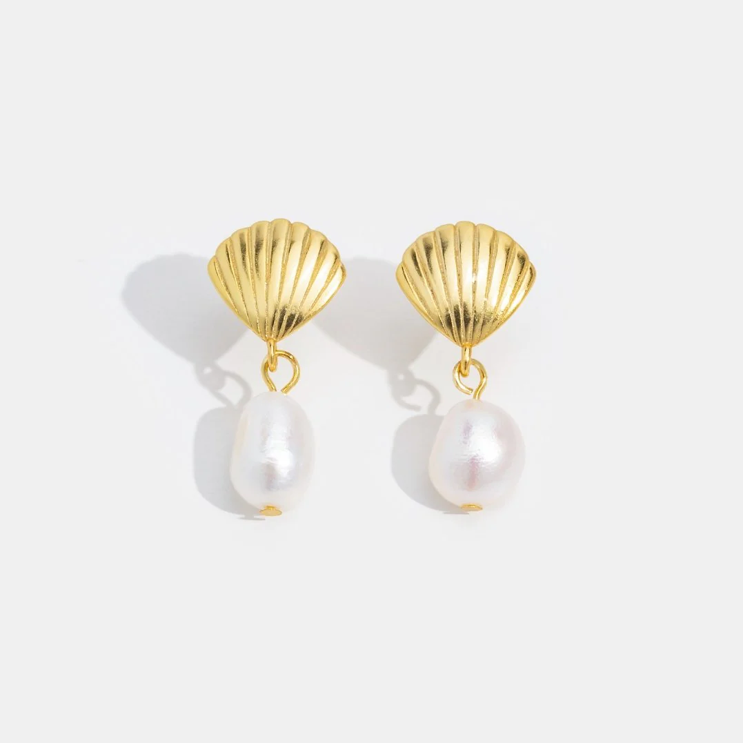 Freshwater Pearl & Gold Shell Earrings