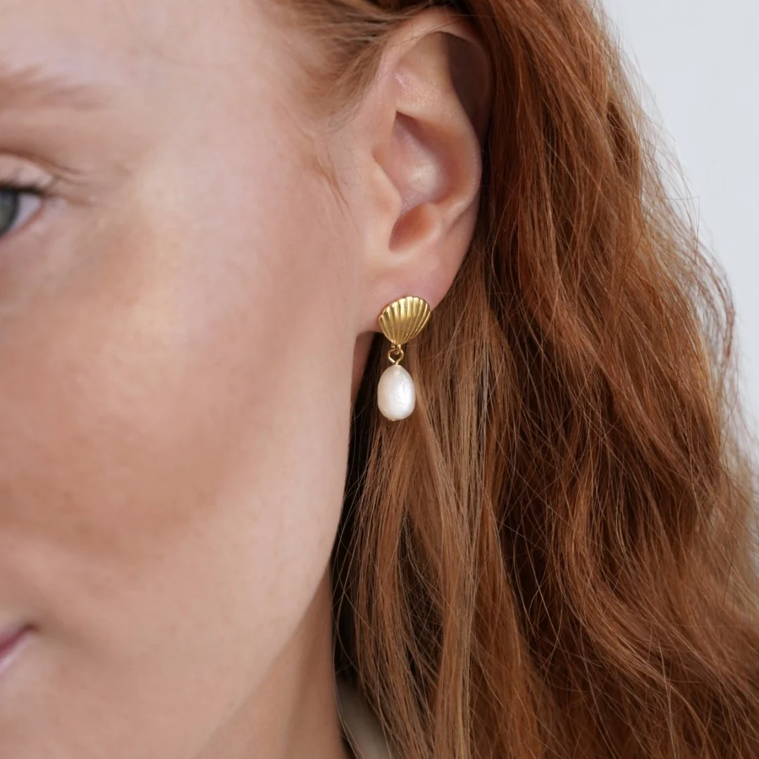 Freshwater Pearl & Gold Shell Earrings