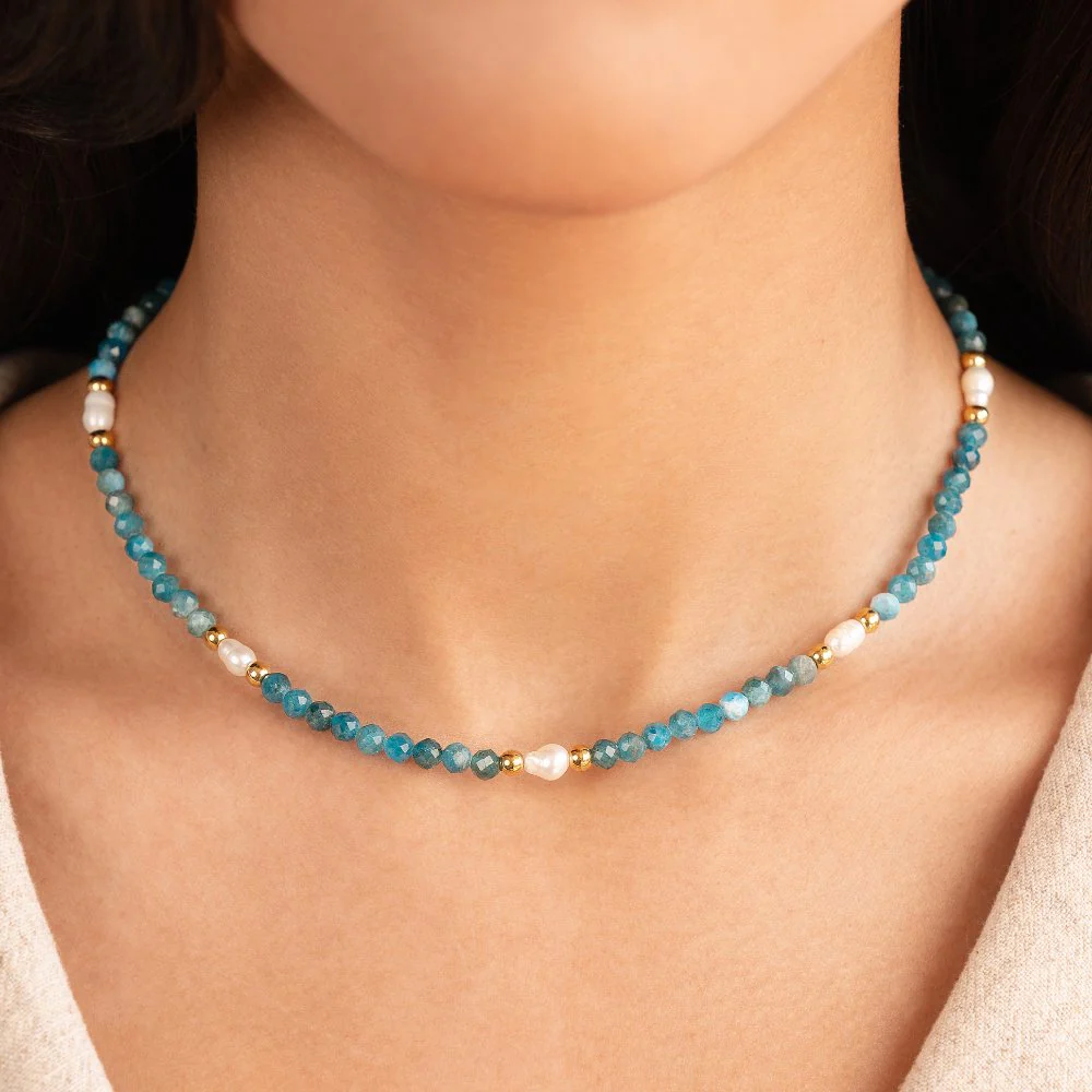 Turquoise Blue & Pearl Bead Necklace