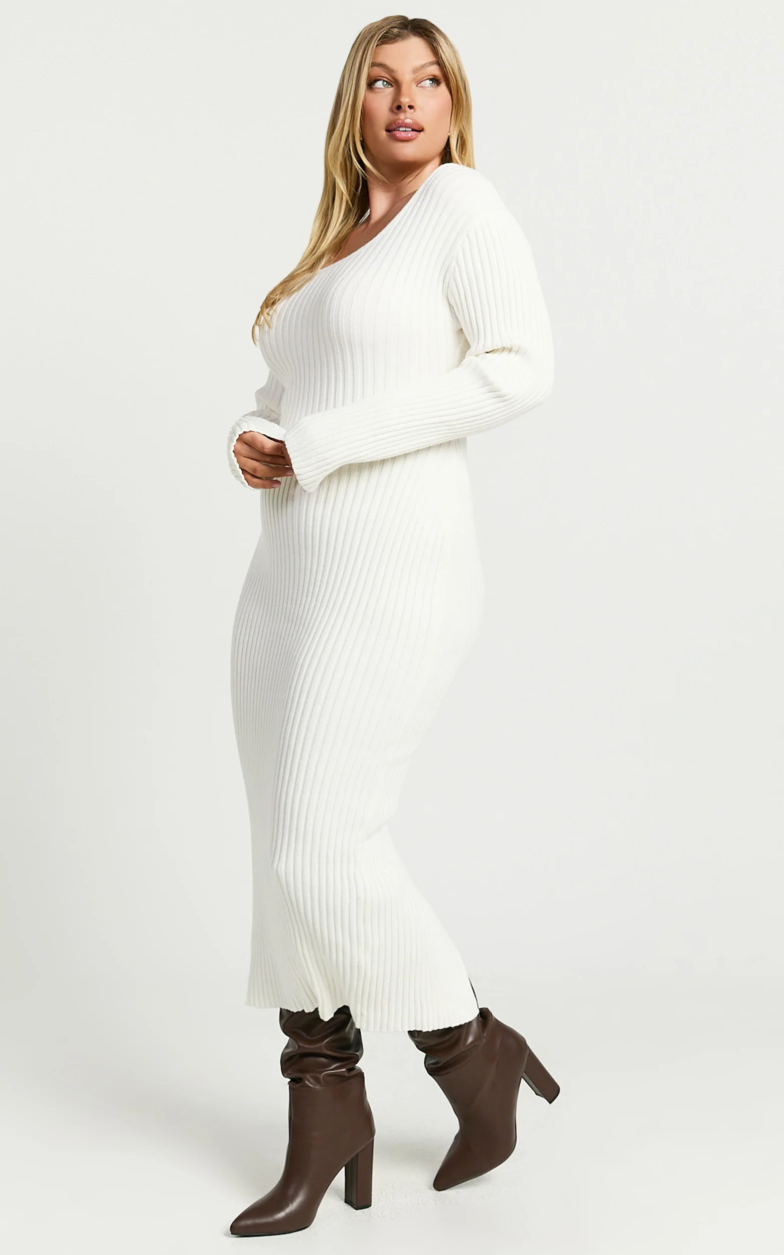 Kister Midi Dress - Long Sleeve Twist Back Dress in Ivory