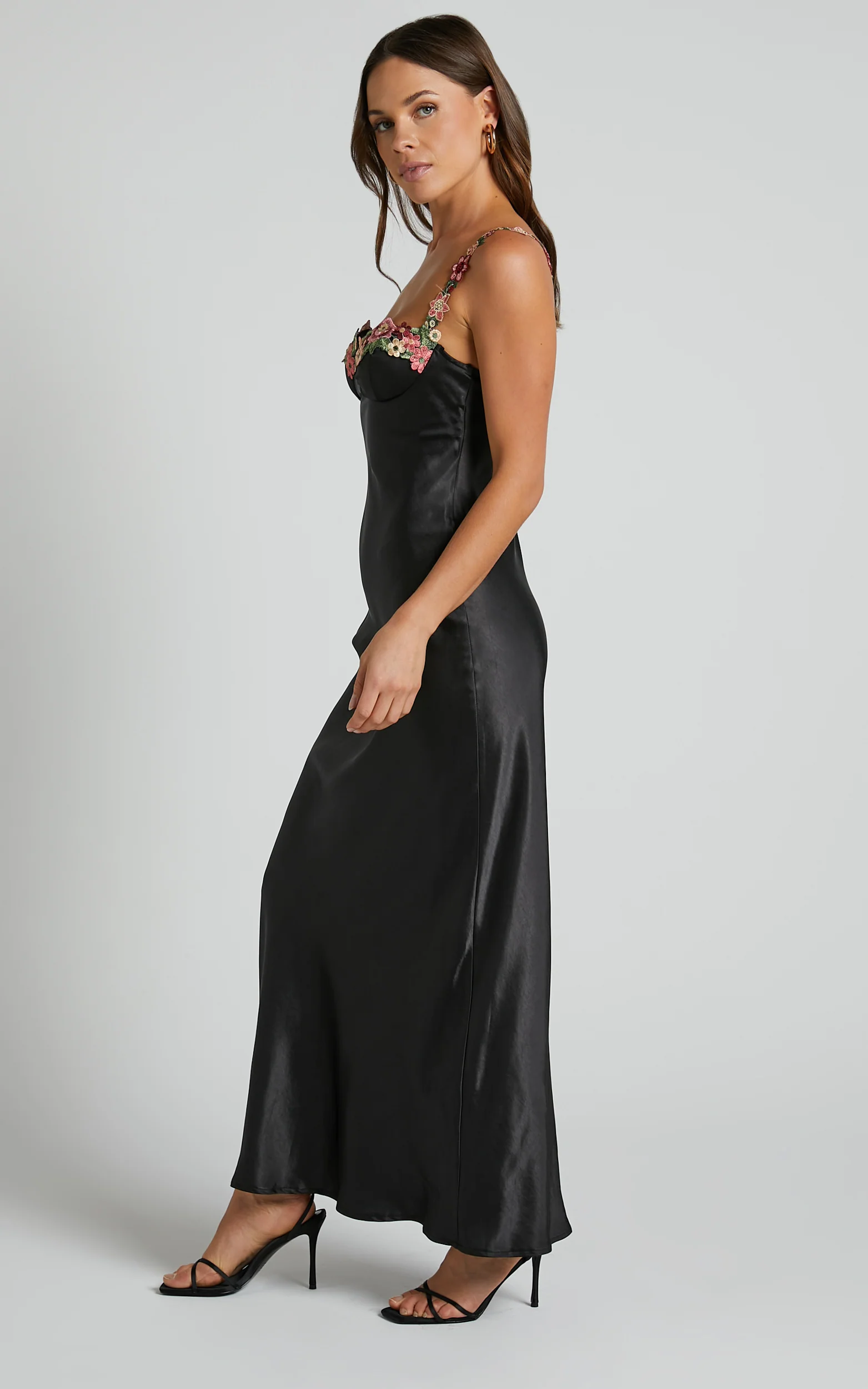 Harmony Midi Dress - Floral Detail Cup Bust Satin Dress in Black