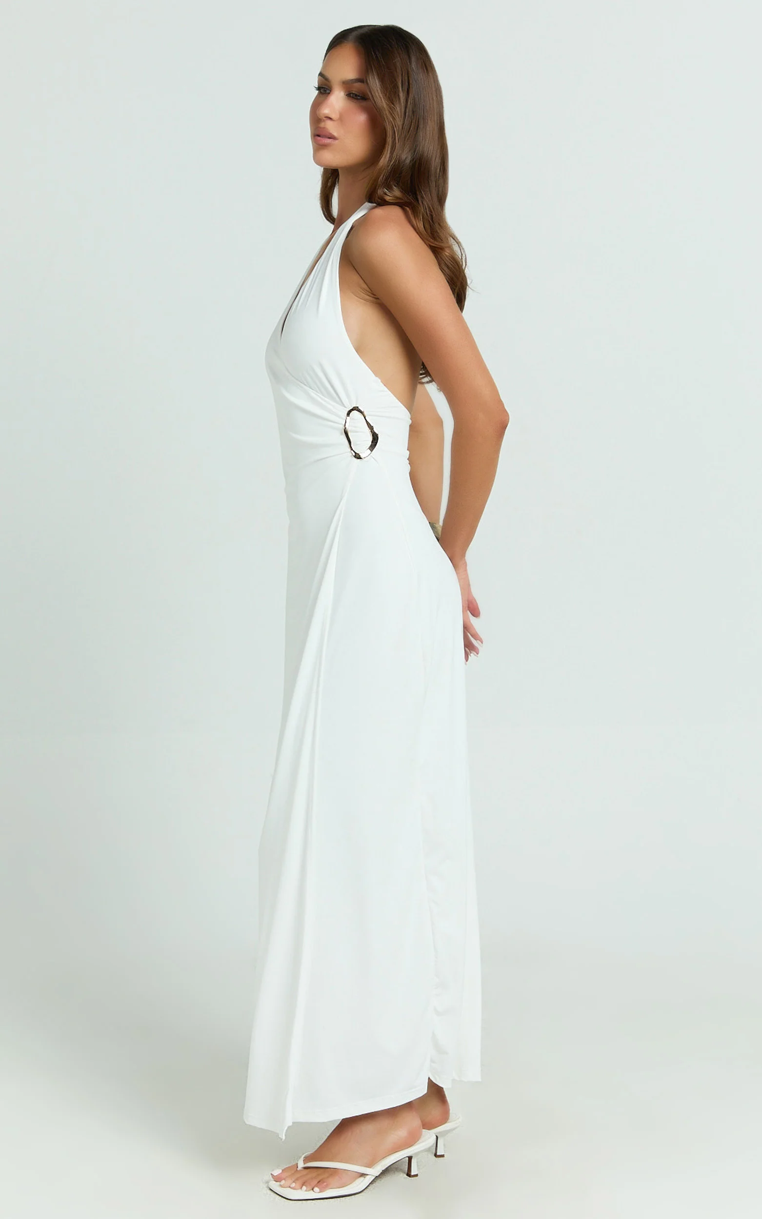 Roseville Maxi - Wrap Front Halter Dress with Hardware Detail in White