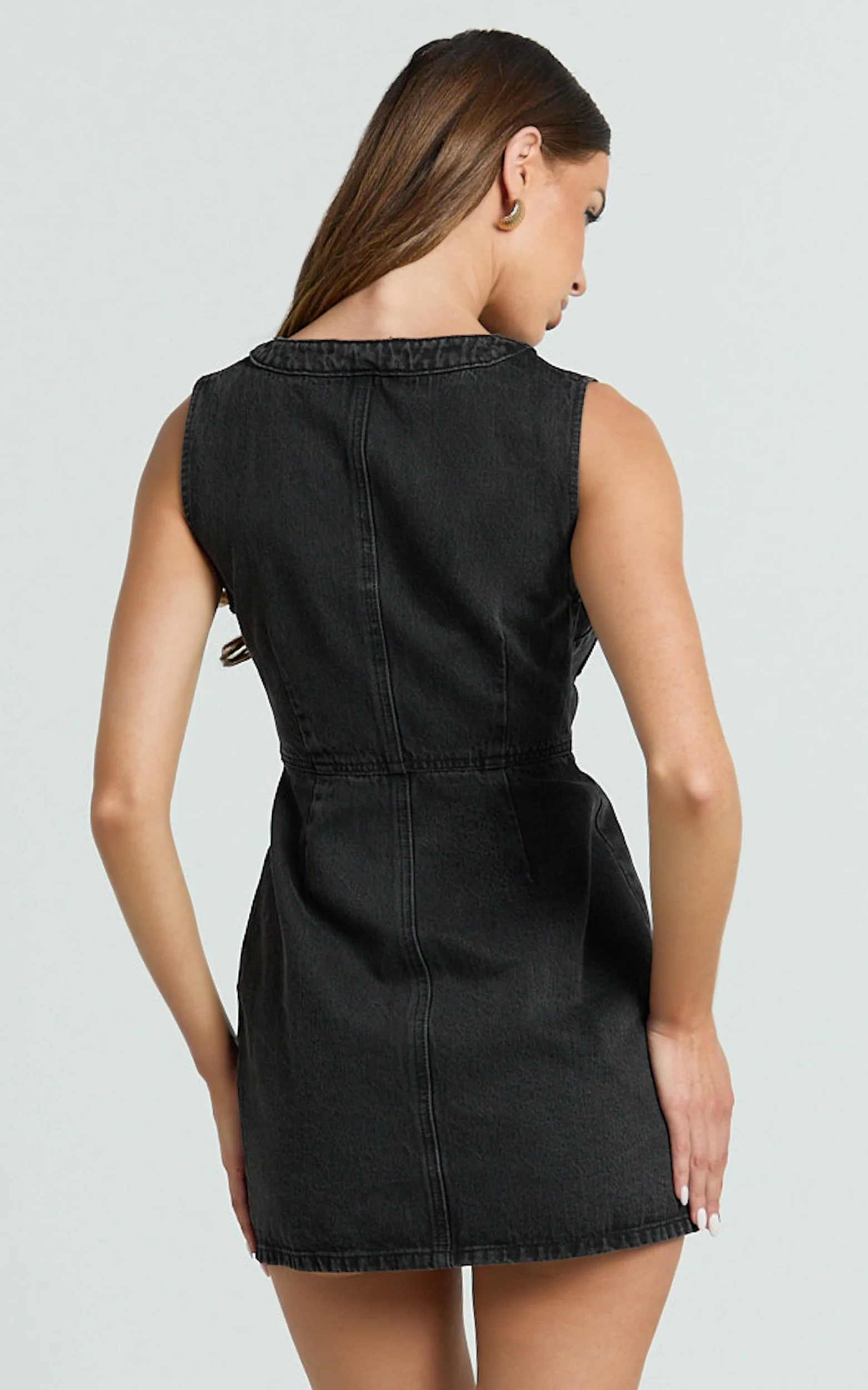 Stephanie Mini Dress - Scoop Neck Pocket Detail Recycled Denim Dress in Washed Black