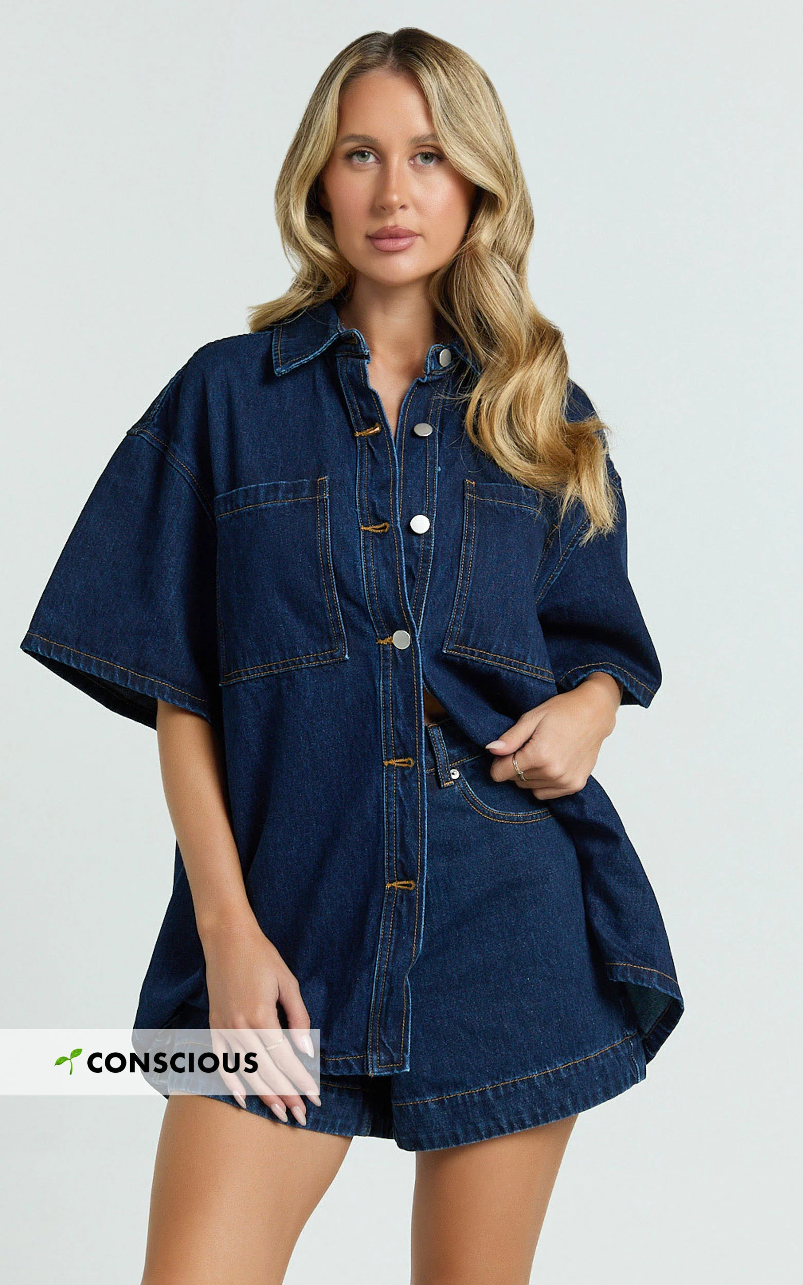 Rhianna Top - Oversized Recycled Denim Hardware Detail Short Sleeve Shirt in Indigo Wash