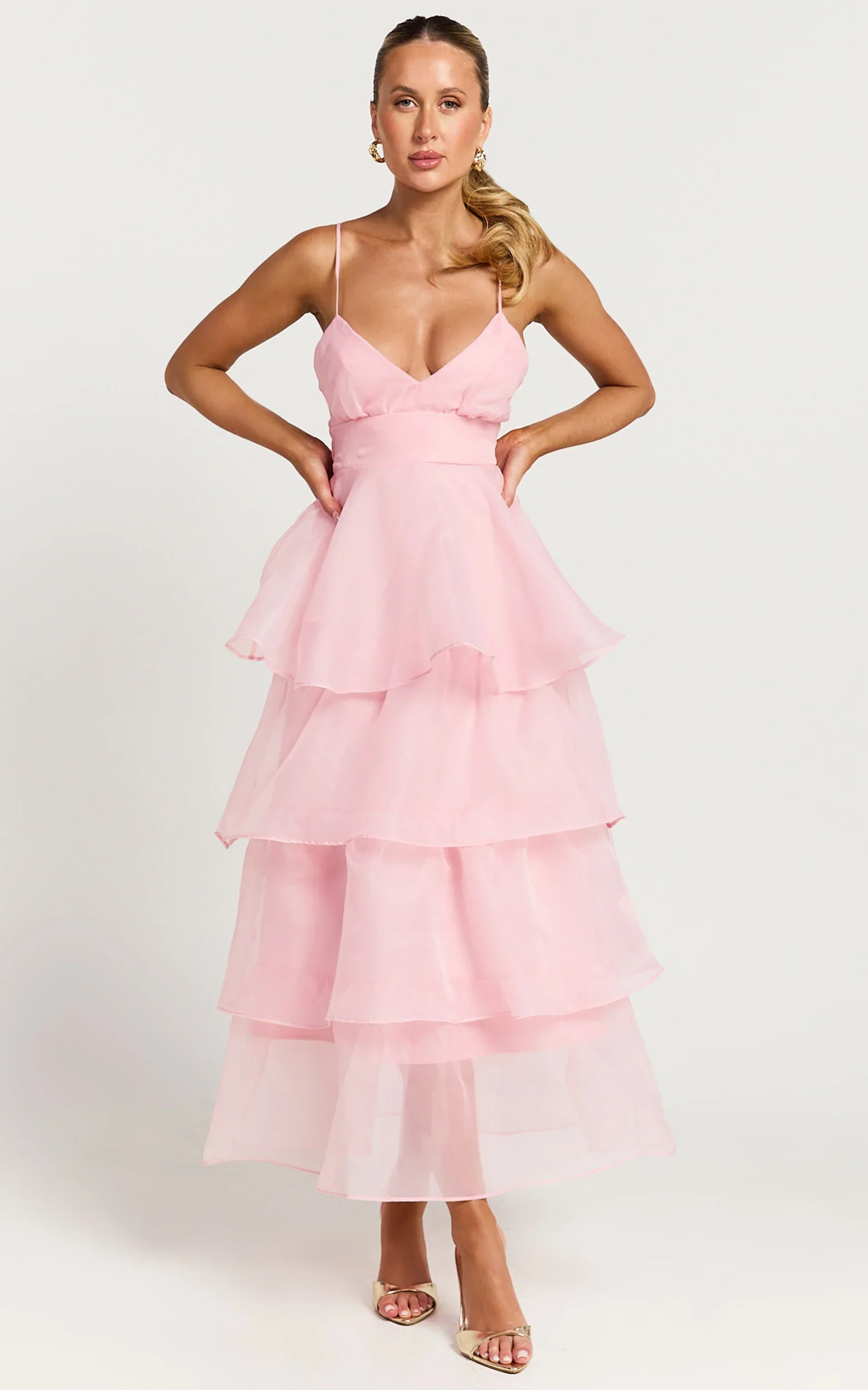 Cindy Midi Dress Layered Skirt Dress in Soft Pink