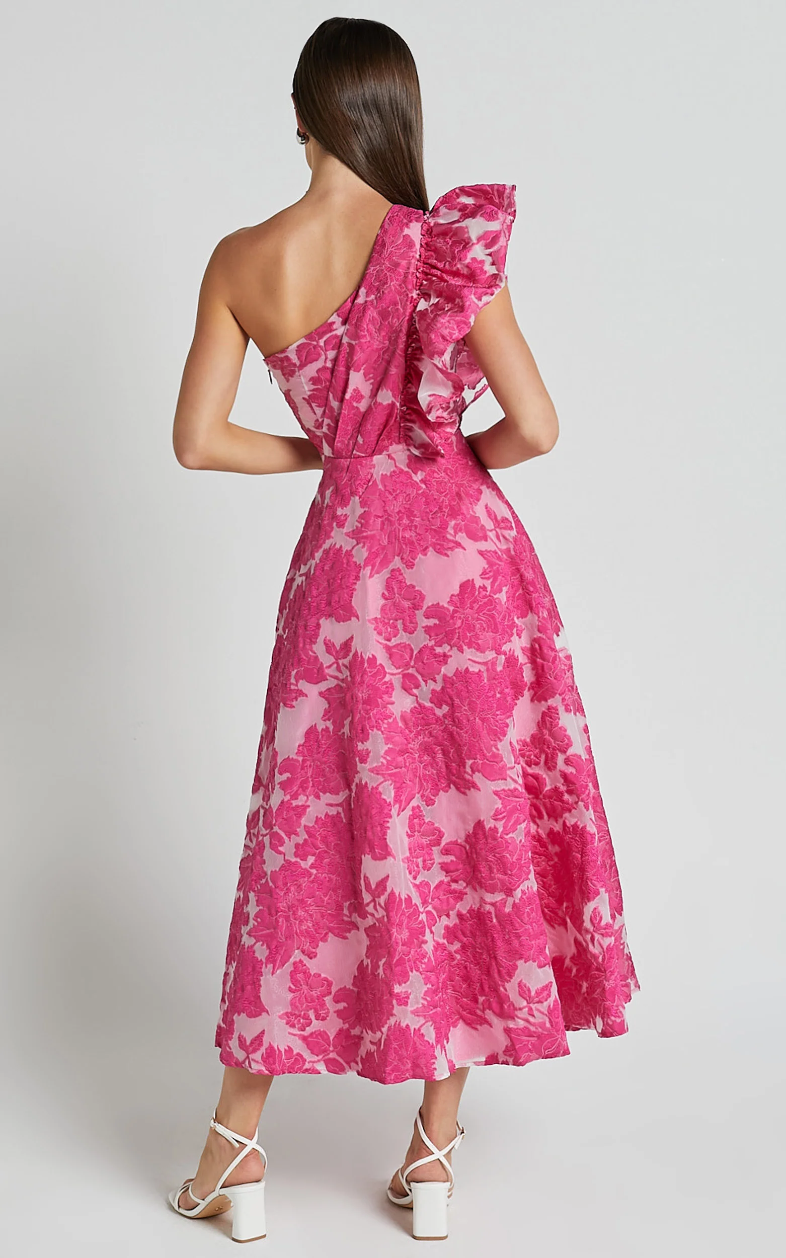 Alfreda Midi Dress - One Shoulder Ruffle Detail Brailey Jacquard Dress in Pink