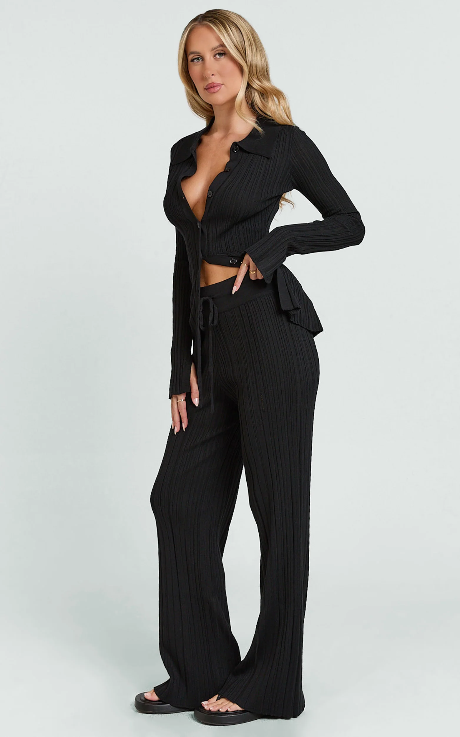 Kelsey Pants - High Drawstring Waist Knit Pants in Black