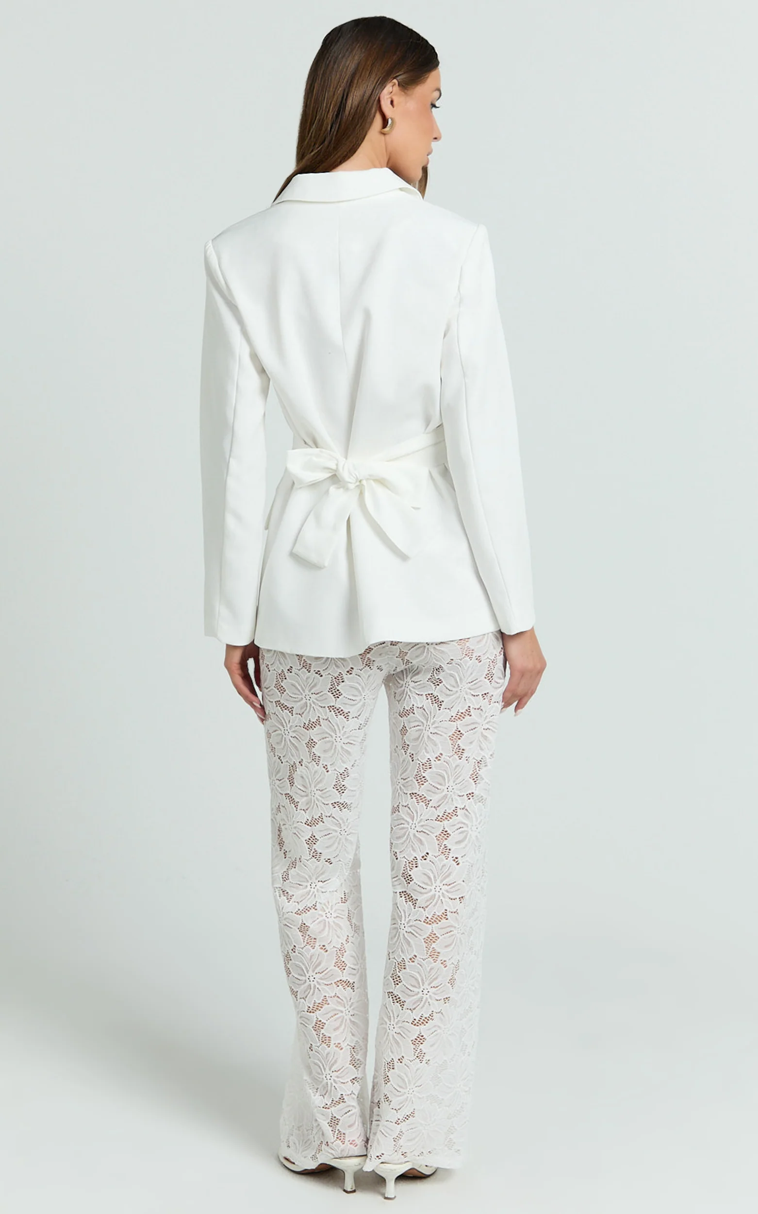 Caryl Two Piece Set - Wrap Waist Blazer and Lace Pant Set in White