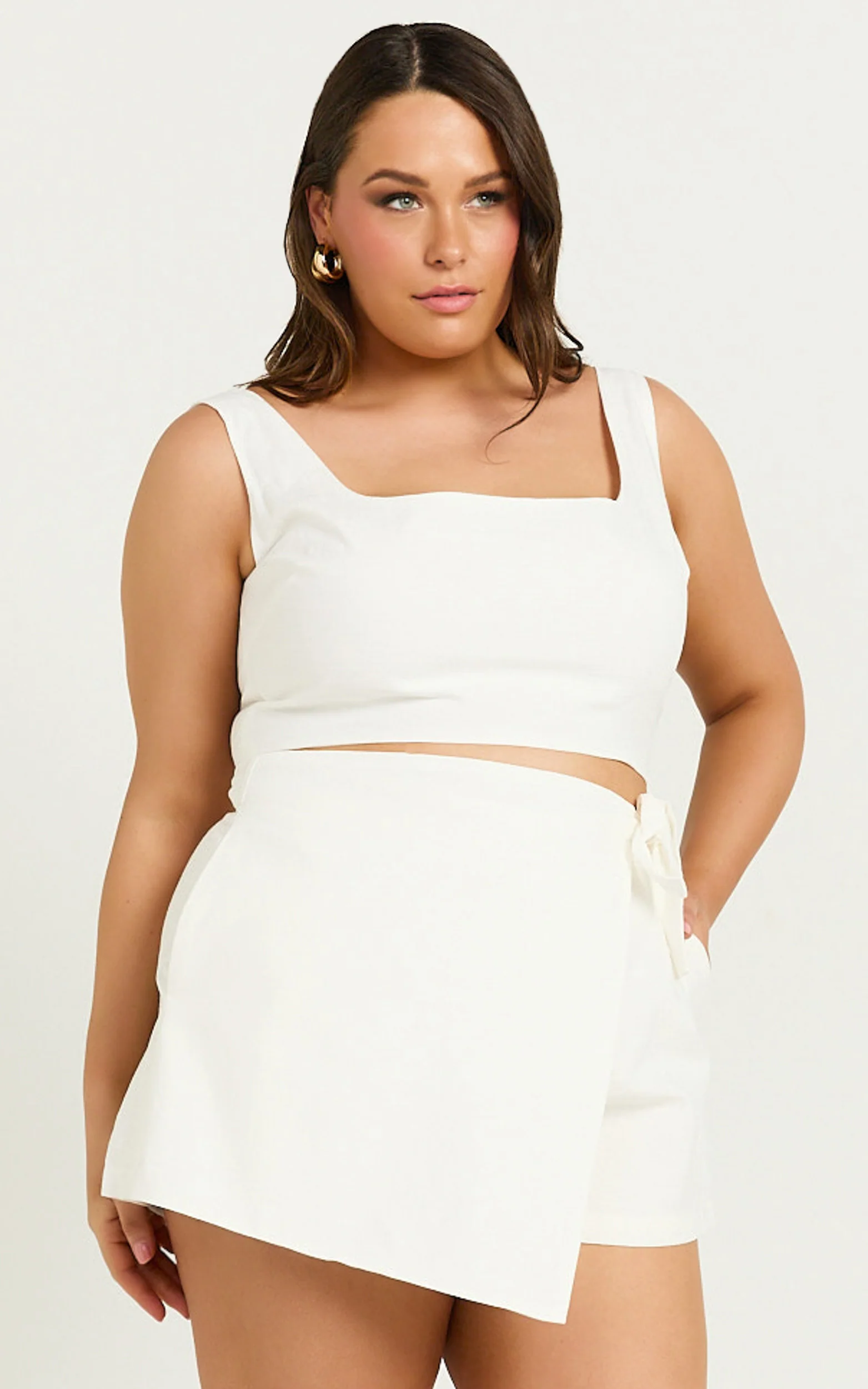 Polina Two Piece Set - Linen Square Neck Crop Top and Tie Waist Skort Set in White