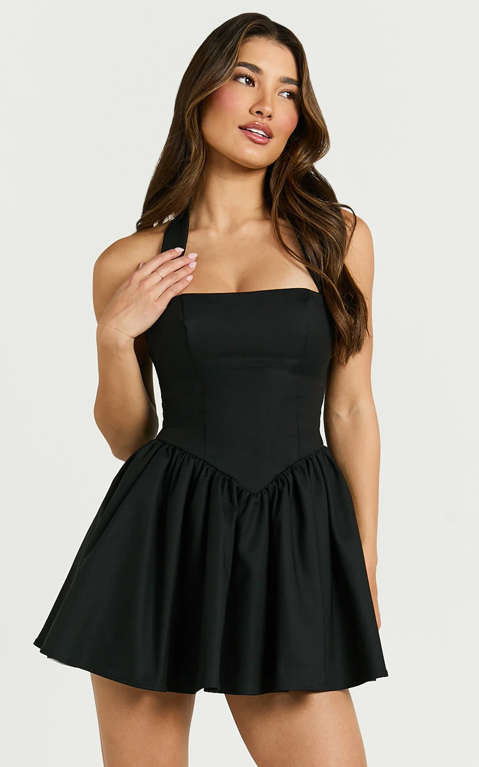 Helda Mini Dress - Halter Tie Neck Corset Panel Dress in Black
