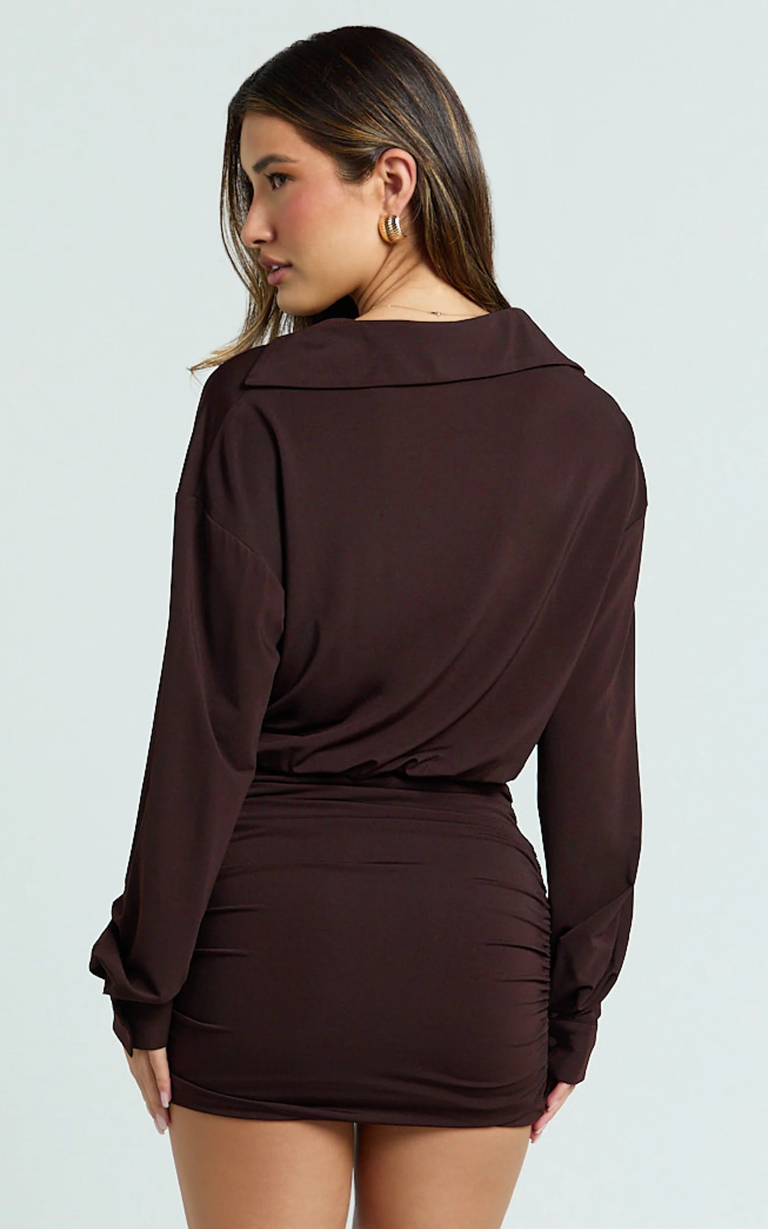 Pearce Mini Dress - Ruched Jersey Shirt Dress in Chocolate