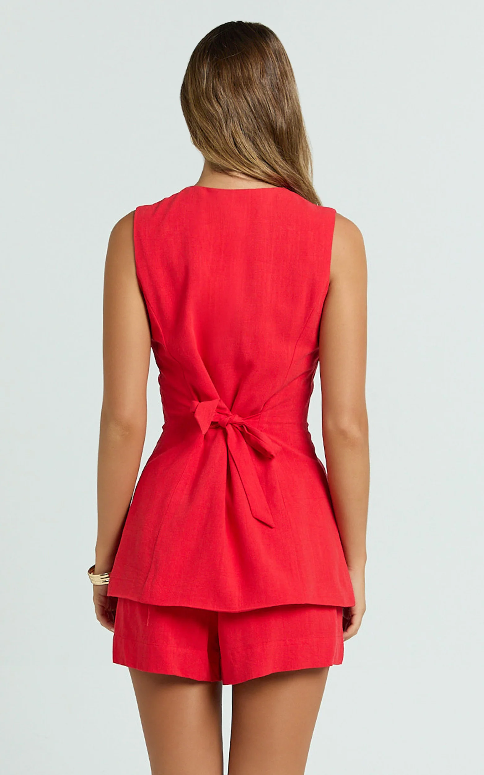 Olivia Top - Longline Linen V Neck Back Tie Vest Top in Red