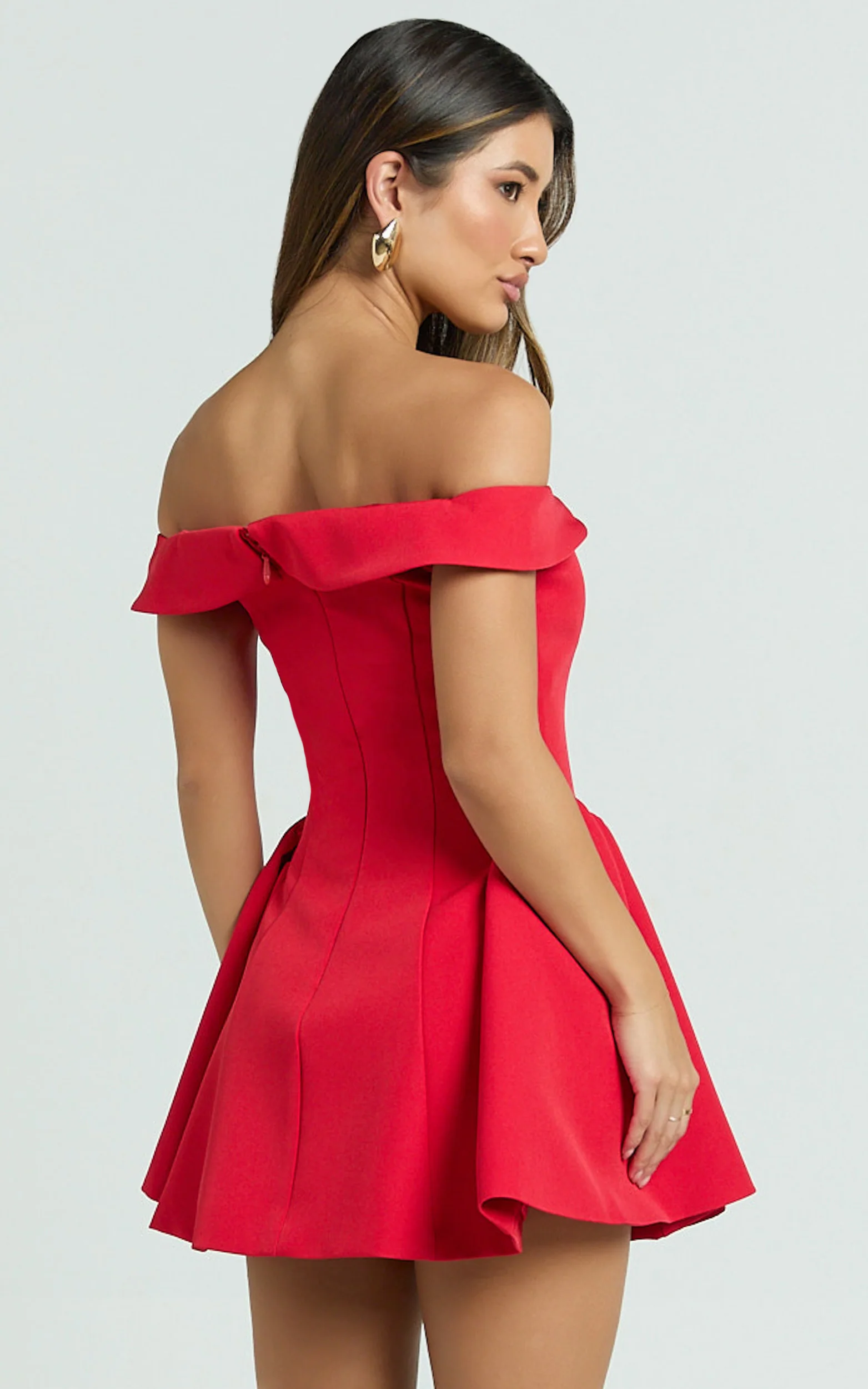 Rosabel Mini Dress - Off Shoulder Fit And Flare Dress in Red